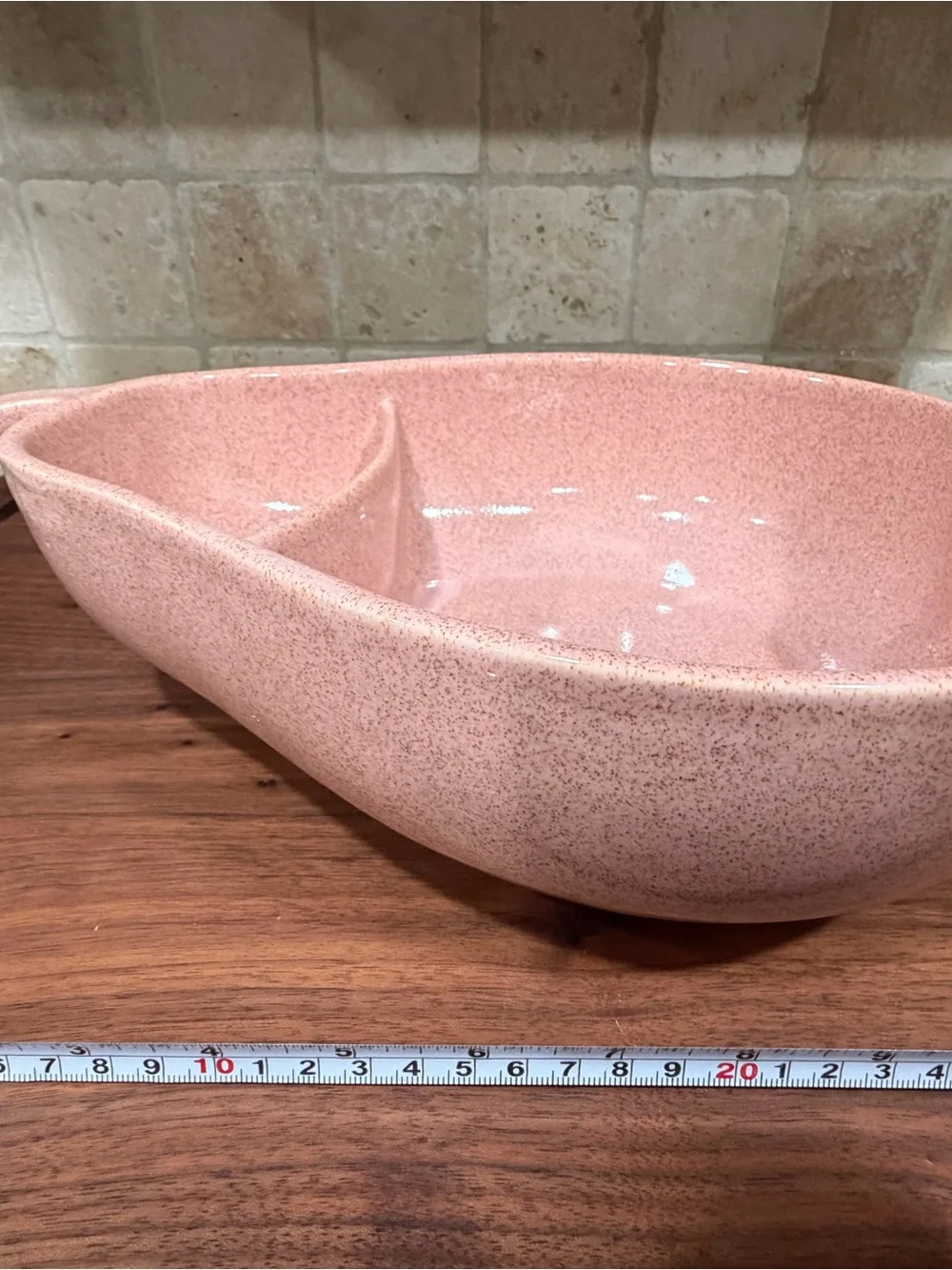 Vintage MCM 1950s Pfaltzgraff Pink Speckled Pear Divided Serving Bowl USA